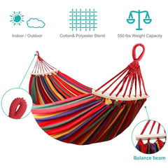 Rainbow Stripe Cotton Hammock | 1-2 Person Hanging Bed with Carry Bag for Outdoor and Indoor Use