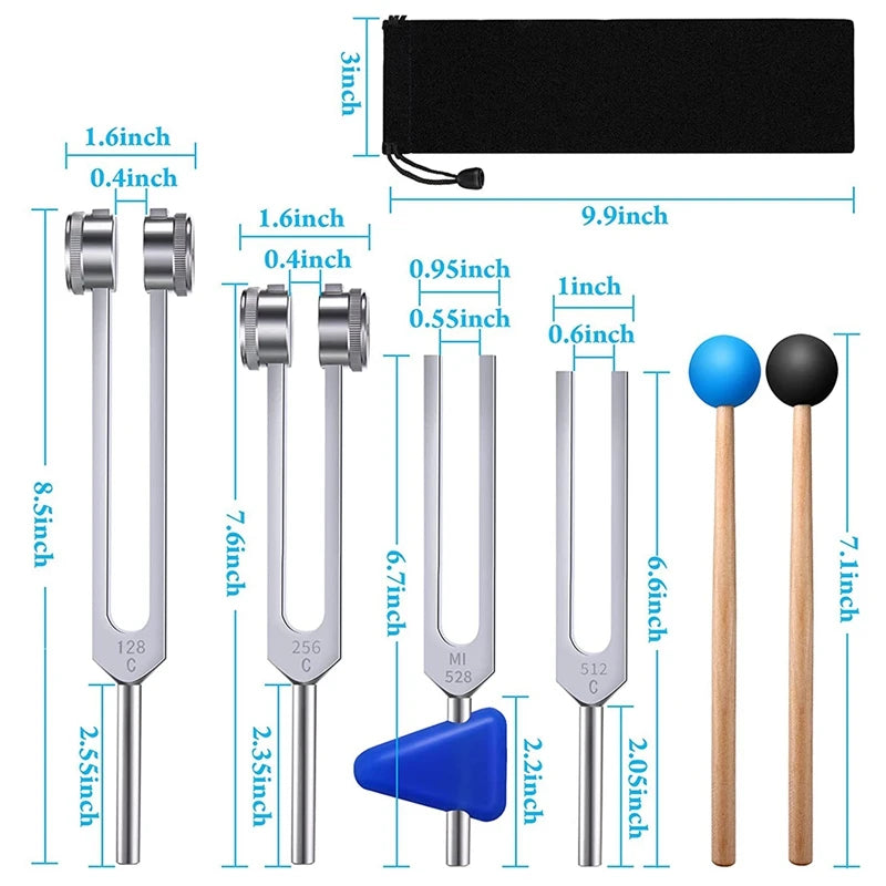 Holistic Sound Healing Tuning Fork Set | 128 Hz, 256 Hz, 512 Hz, 528 Hz Frequencies | Includes Hammer & Accessories for Meditation and Therapy