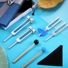 Holistic Sound Healing Tuning Fork Set | 128 Hz, 256 Hz, 512 Hz, 528 Hz Frequencies | Includes Hammer & Accessories for Meditation and Therapy