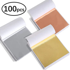 100pcs Imitation Gold, Silver, and Copper Foil Sheets | DIY Craft Leaf Flakes for Resin, Candle Making, Plaster, and Nail Art
