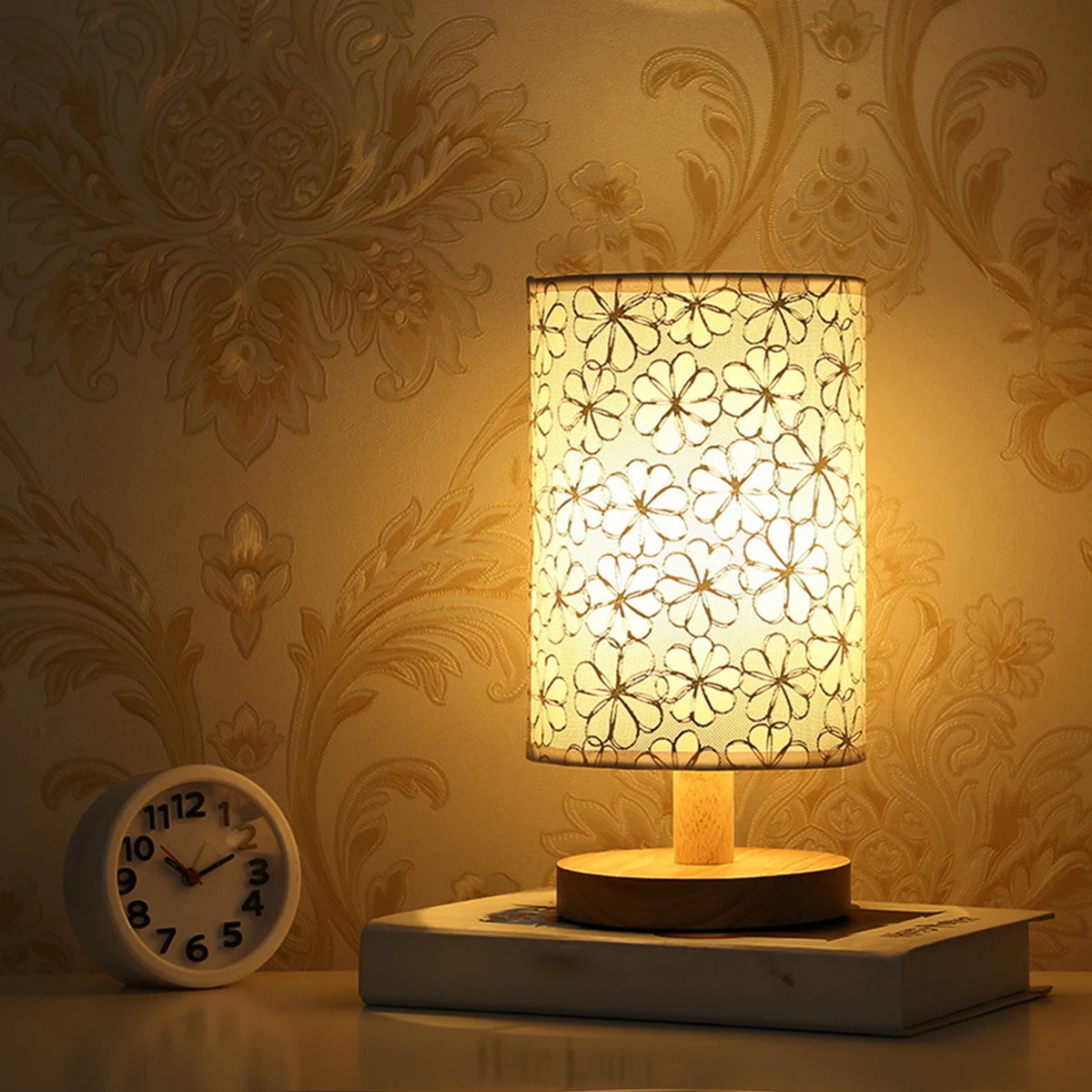 Lumina Linen & Solid Wood Table Lamp | Warm White LED Desk Lamp | USB Powered Eye-Caring Light | Available in Multiple Patterns | Perfect for Home Decor