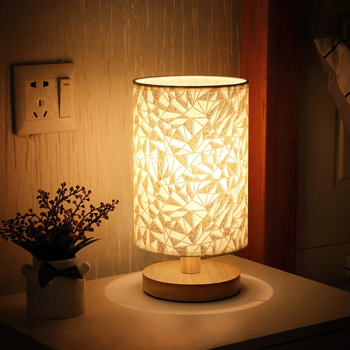 Lumina Linen & Solid Wood Table Lamp | Warm White LED Desk Lamp | USB Powered Eye-Caring Light | Available in Multiple Patterns | Perfect for Home Decor