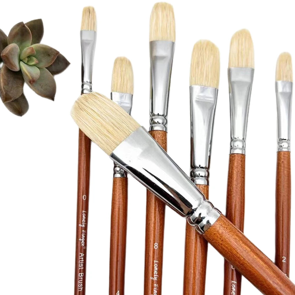 7-Piece Filbert Paint Brush Set | Premium Hog Bristle | Professional Long-Handled Artist Brushes