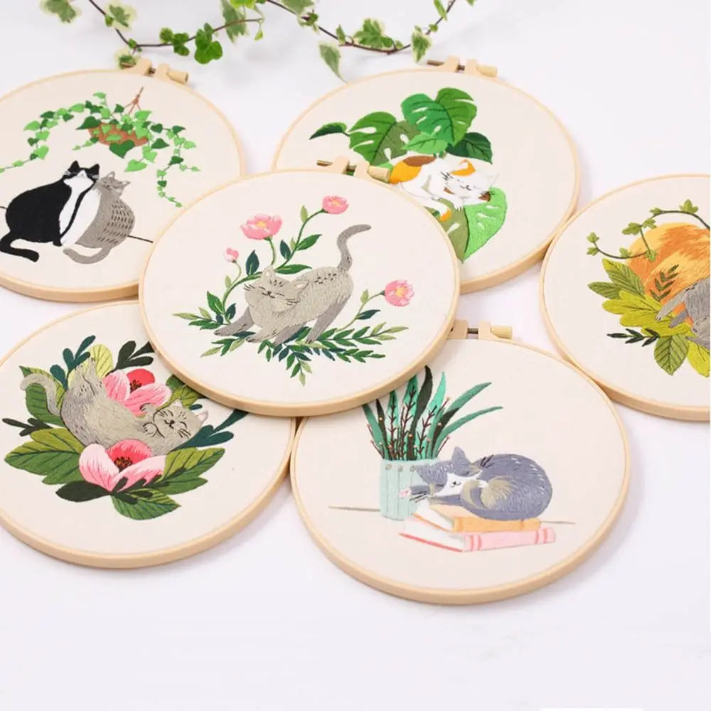 Cat Landscape Embroidery Kit | Complete DIY Stitching Set with Hoop