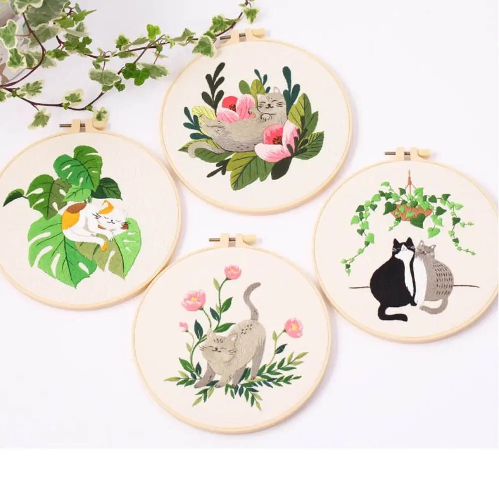 Cat Landscape Embroidery Kit | Complete DIY Stitching Set with Hoop