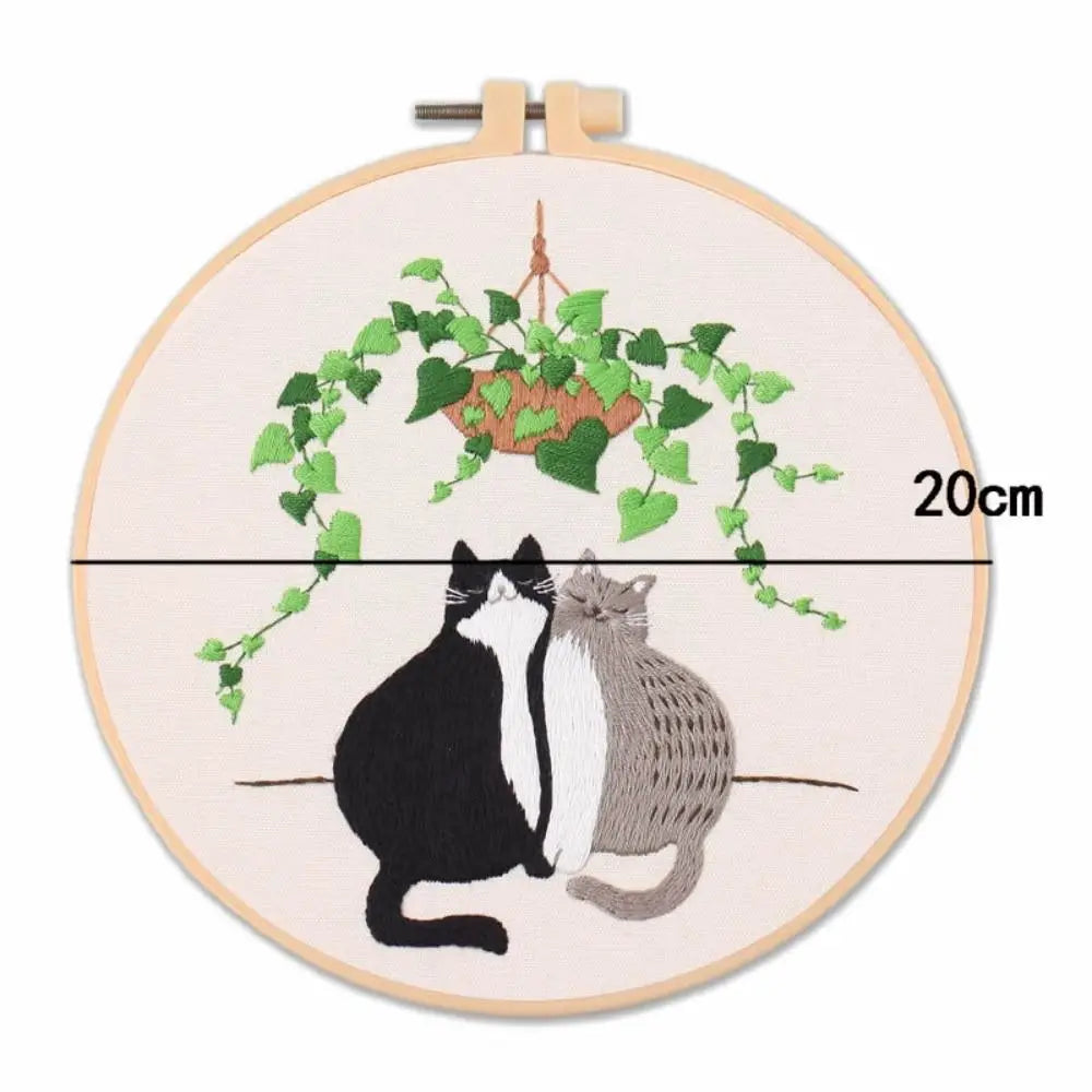 Cat Landscape Embroidery Kit | Complete DIY Stitching Set with Hoop