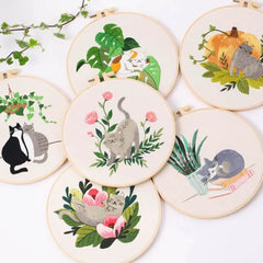 Cat Landscape Embroidery Kit | Complete DIY Stitching Set with Hoop