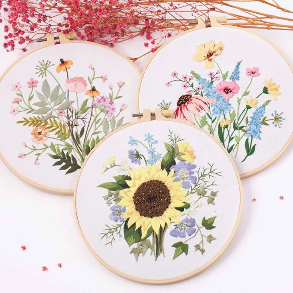 Floral Landscape Embroidery Kit | DIY Needlework Set with Adjustable Hoop