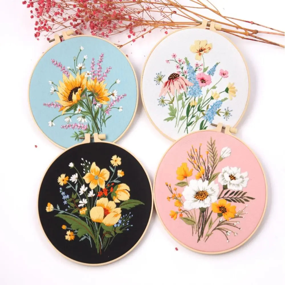 Floral Landscape Embroidery Kit | DIY Needlework Set with Adjustable Hoop