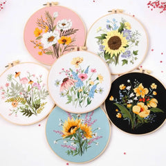 Floral Landscape Embroidery Kit | DIY Needlework Set with Adjustable Hoop