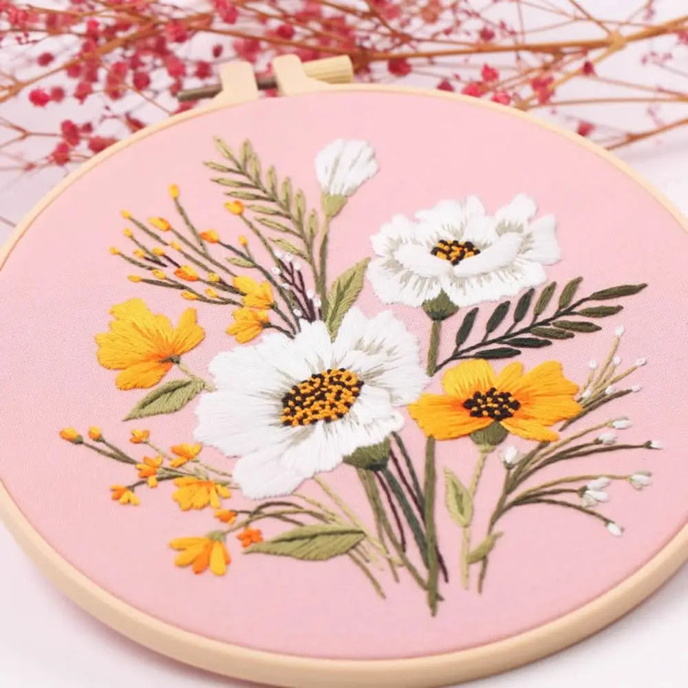 Floral Landscape Embroidery Kit | DIY Needlework Set with Adjustable Hoop