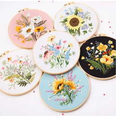 Floral Landscape Embroidery Kit | DIY Needlework Set with Adjustable Hoop