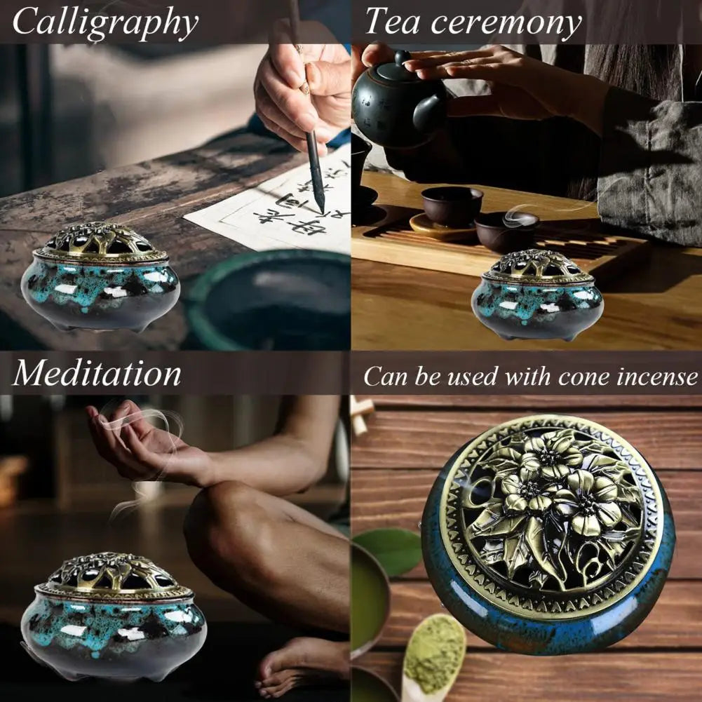 Serene Sanctuary Ceramic Incense Burner - Ice Crack Design with Hollow Lid | Heat-Resistant & Non-Slip