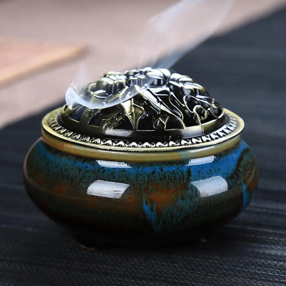 Serene Sanctuary Ceramic Incense Burner - Ice Crack Design with Hollow Lid | Heat-Resistant & Non-Slip