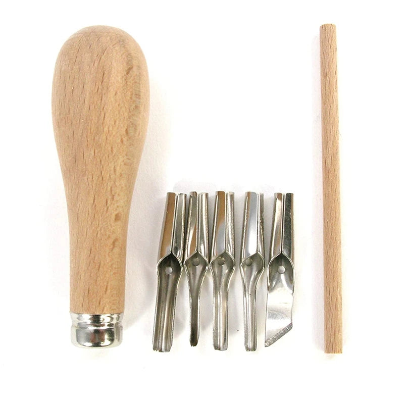 Wood Handle Lino Cutting and Rubber Stamp Carving Tool Set | Includes 5 Metal Blades