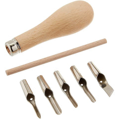 Wood Handle Lino Cutting and Rubber Stamp Carving Tool Set | Includes 5 Metal Blades