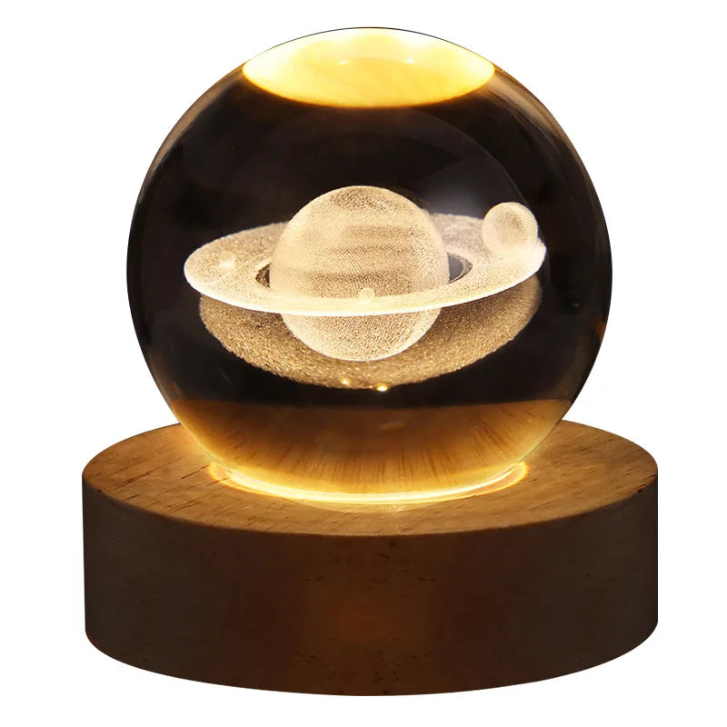 Celestial Glow Crystal Ball Night Light | 3D Engraved Cosmos Patterns | With Solid Wood Base | USB Powered | Perfect Gift for Christmas and Birthdays