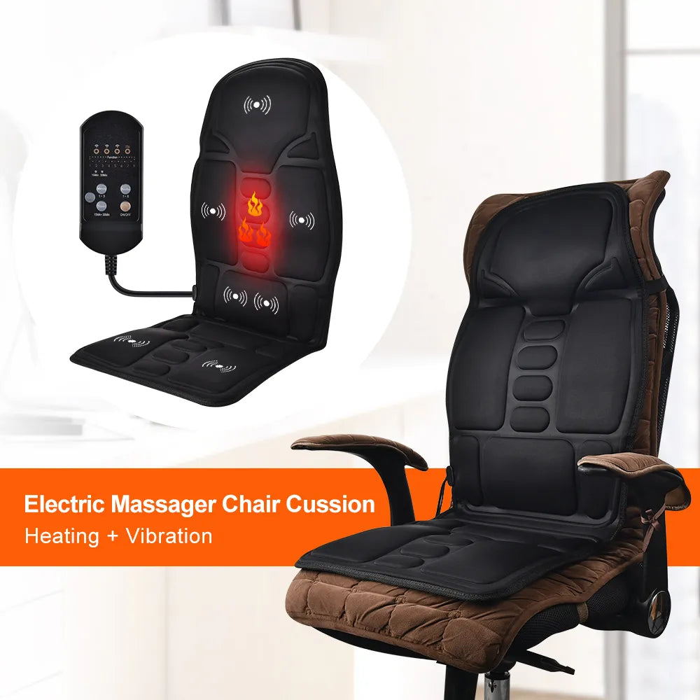 Therapeutic Heated Massage Chair Pad | Electric Vibrating Back and Neck Massager | For Home and Car Use