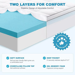 CloudComfort™ 4 Inch Dual Layer Memory Foam Mattress Topper | Cooling Gel Pillow Top Pad