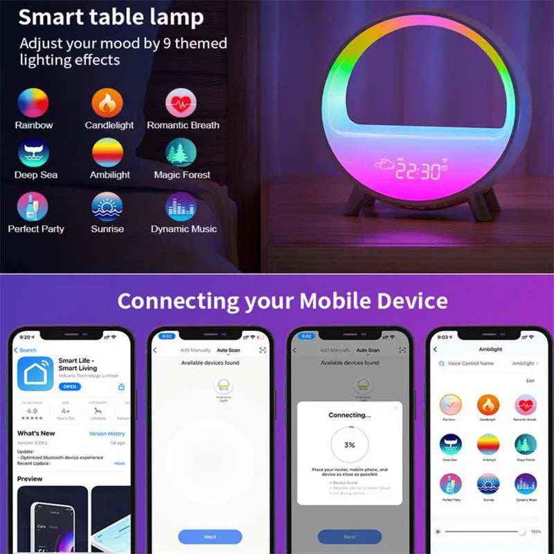 RGB Smart Alarm Clock with Sunrise/Sunset Simulation | WiFi Connected, Alexa & Google Home Compatible | Night Light & Bluetooth Speaker