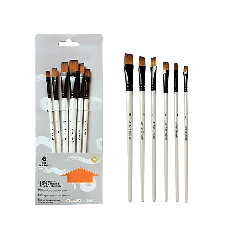 6-Piece Art Paint Brush Set | Two-Tone Nylon Hair | Pearl White Wooden Handles | Ideal for Beginners