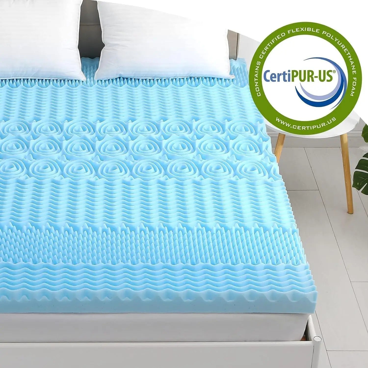 Blissful Slumber 3 Inch Memory Foam Mattress Topper | Cooling Gel Infused | 7 Zone Design | CertiPUR-US Certified | Microfiber Cover | Blue