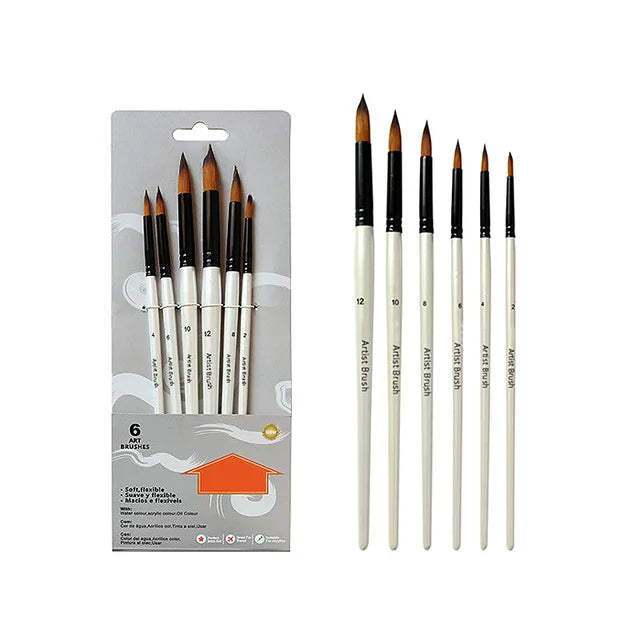 6-Piece Art Paint Brush Set | Two-Tone Nylon Hair | Pearl White Wooden Handles | Ideal for Beginners