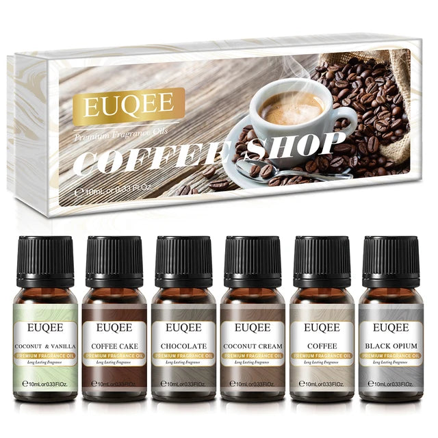 EUQEE Aromatic Essence Collection | 6-Piece Fragrance Oil Gift Kit | Coffee, Bakery, Harvest Spice, Pumpkin Pie, Forest Pine, Sweet Fruit | For Diffusers & Aromatherapy