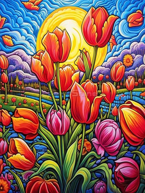 Shimmering Tulip Mosaic – Diamond Embroidery Craft Kit | Create Stunning Stained Glass-Style Wall Art