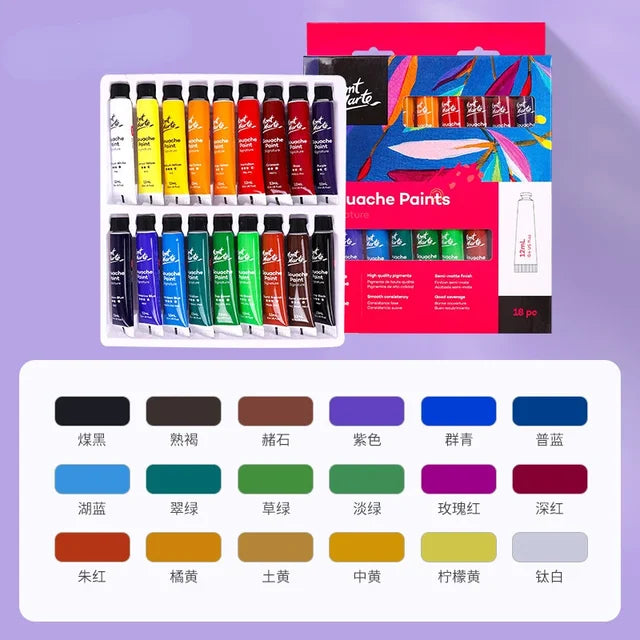 Premium Gouache Paint Set | Available in 12, 18, 24, 36 Colors | 6/12ml Tubes | Washable Watercolors for Artists and Students