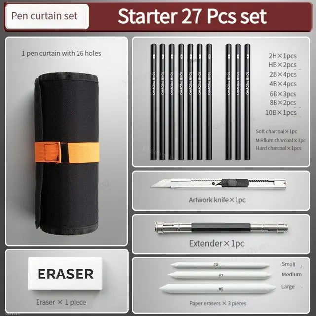 Complete Sketch Pencil Set | Available in 27, 38, 47 pcs | Includes Canvas Wrap, Charcoals, and Kneaded Eraser