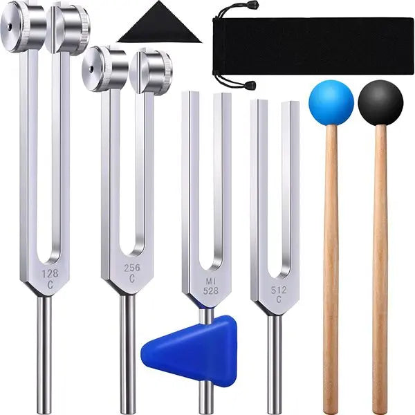 Holistic Sound Healing Tuning Fork Set | 128 Hz, 256 Hz, 512 Hz, 528 Hz Frequencies | Includes Hammer & Accessories for Meditation and Therapy