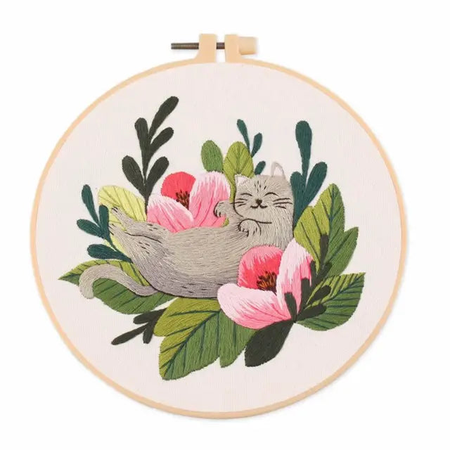 Cat Landscape Embroidery Kit | Complete DIY Stitching Set with Hoop