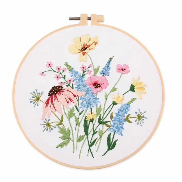 Floral Landscape Embroidery Kit | DIY Needlework Set with Adjustable Hoop