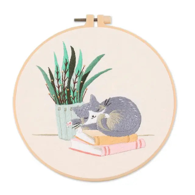 Cat Landscape Embroidery Kit | Complete DIY Stitching Set with Hoop