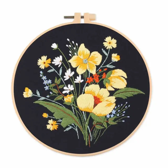 Floral Landscape Embroidery Kit | DIY Needlework Set with Adjustable Hoop