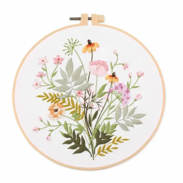 Floral Landscape Embroidery Kit | DIY Needlework Set with Adjustable Hoop