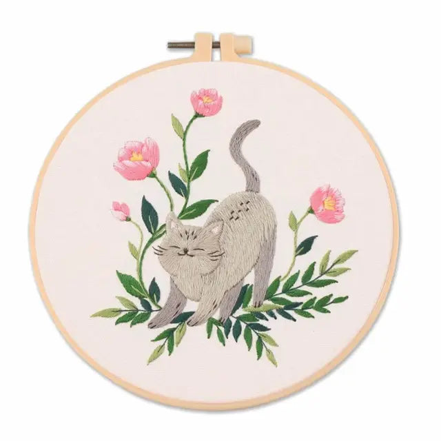 Cat Landscape Embroidery Kit | Complete DIY Stitching Set with Hoop