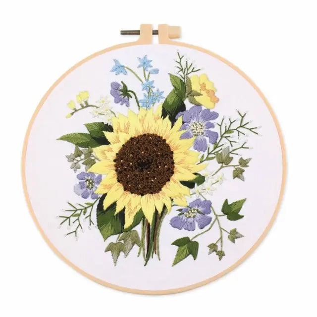 Floral Landscape Embroidery Kit | DIY Needlework Set with Adjustable Hoop