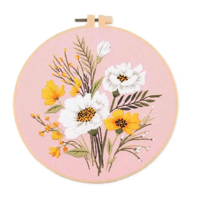 Floral Landscape Embroidery Kit | DIY Needlework Set with Adjustable Hoop