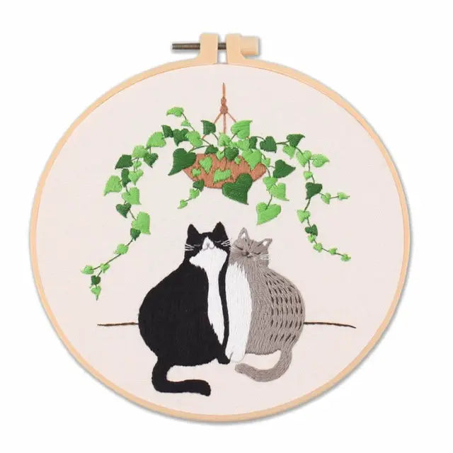 Cat Landscape Embroidery Kit | Complete DIY Stitching Set with Hoop