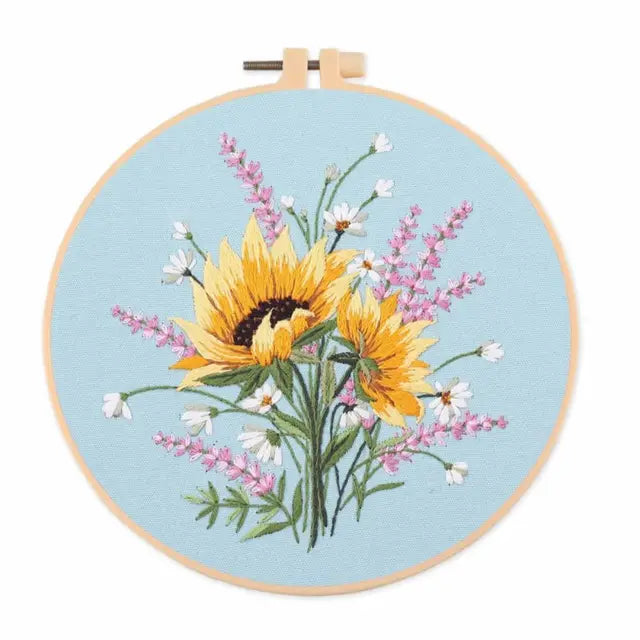 Floral Landscape Embroidery Kit | DIY Needlework Set with Adjustable Hoop