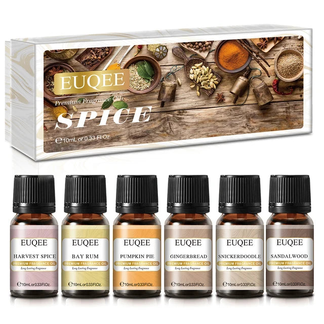 EUQEE Aromatic Essence Collection | 6-Piece Fragrance Oil Gift Kit | Coffee, Bakery, Harvest Spice, Pumpkin Pie, Forest Pine, Sweet Fruit | For Diffusers & Aromatherapy